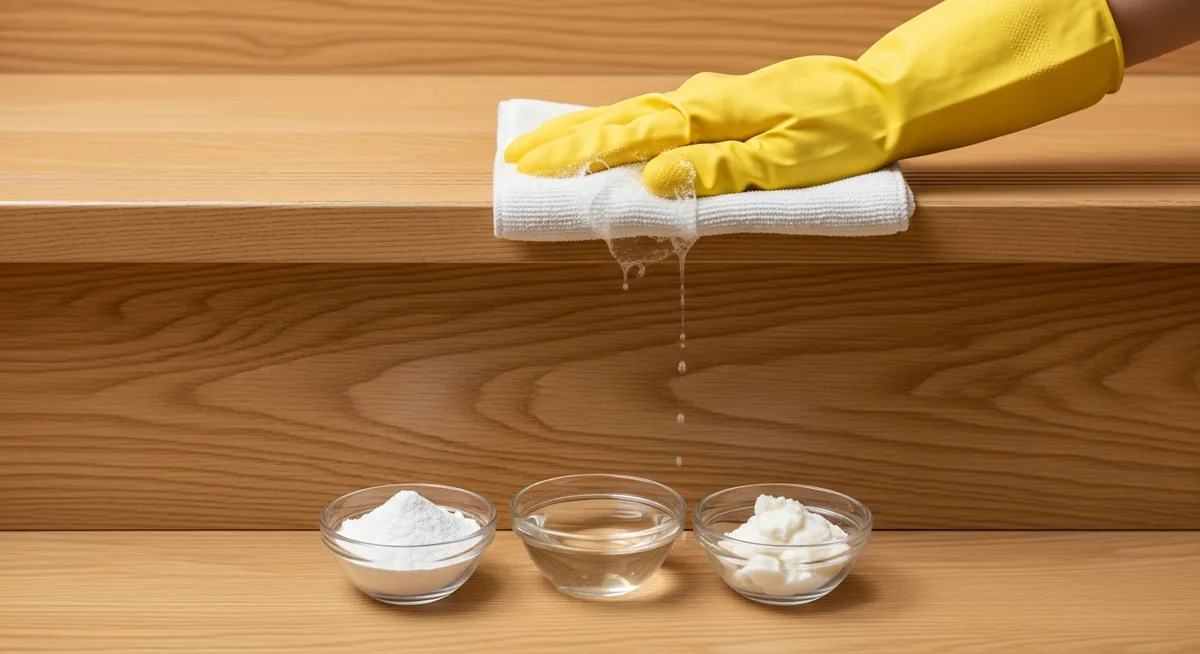 Application bicarbonate de soude sur marche en bois avec chiffon microfibre