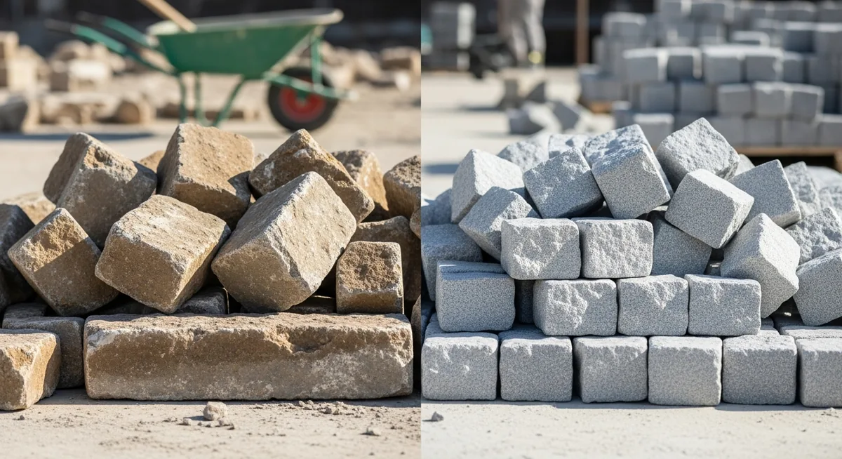 Comparaison pierres récupération bordures et pierres taille neuves escalier