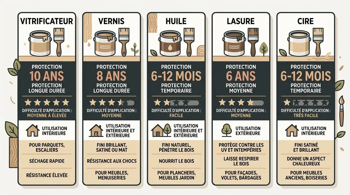 Comparatif visuel des 5 traitements pour escalier en bois : durée et difficulté