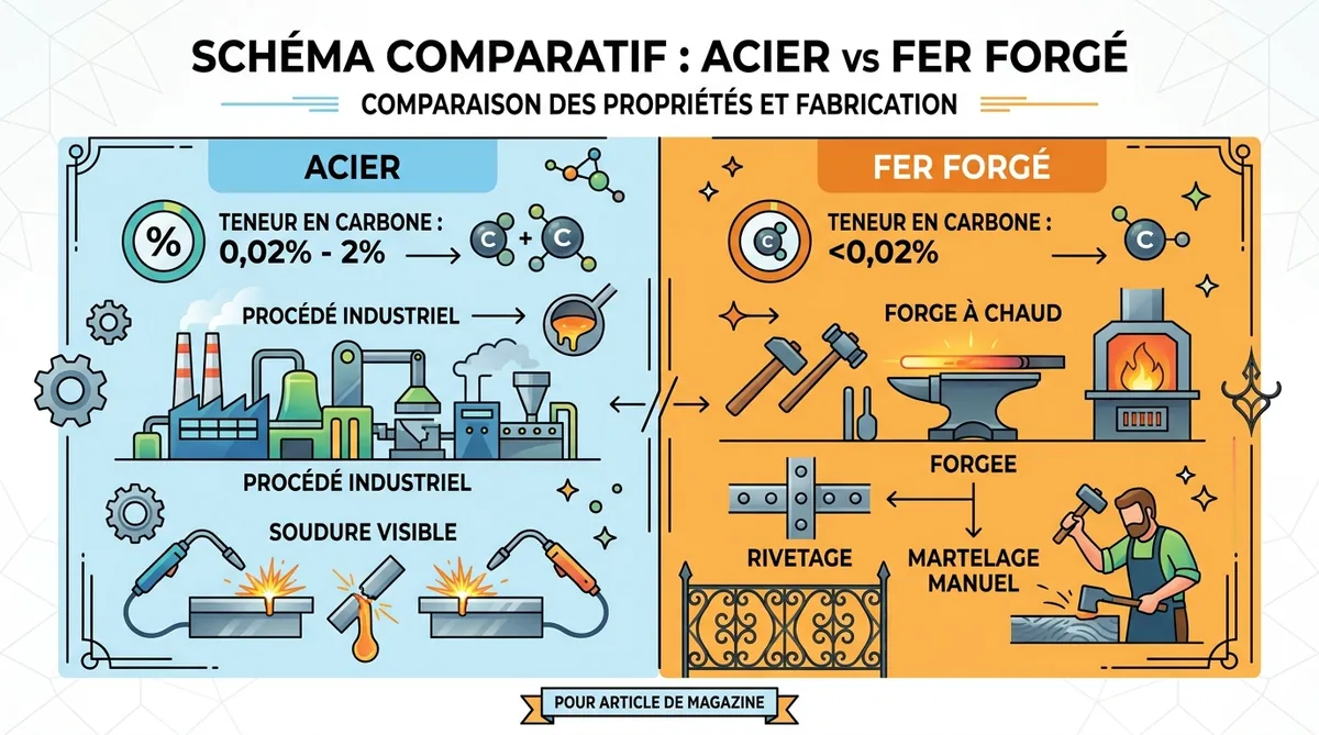 Schéma différence acier et fer forgé composition métallurgique
