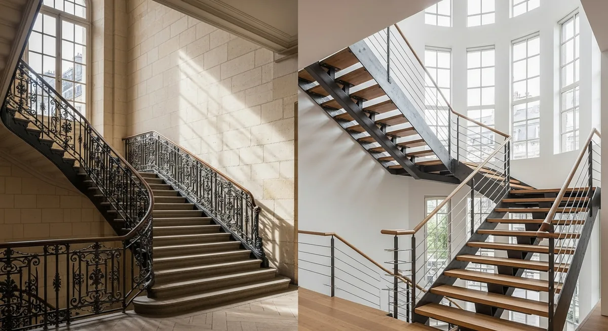 Comparaison escalier fer forgé ancien haussmannien et moderne design industriel