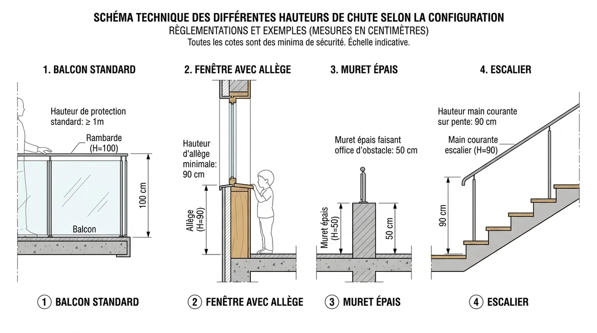 Schéma des hauteurs de chute obligeant un garde-corps selon la configuration