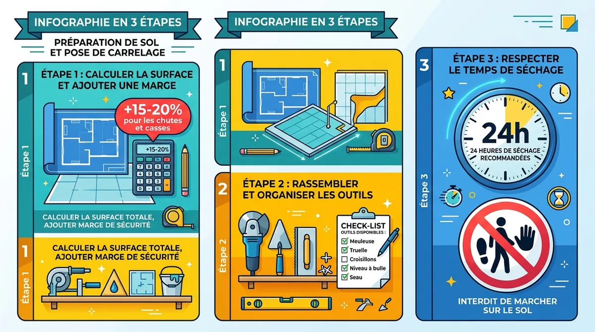 Infographie calcul surface délai séchage 24h et outils pose carrelage escalier