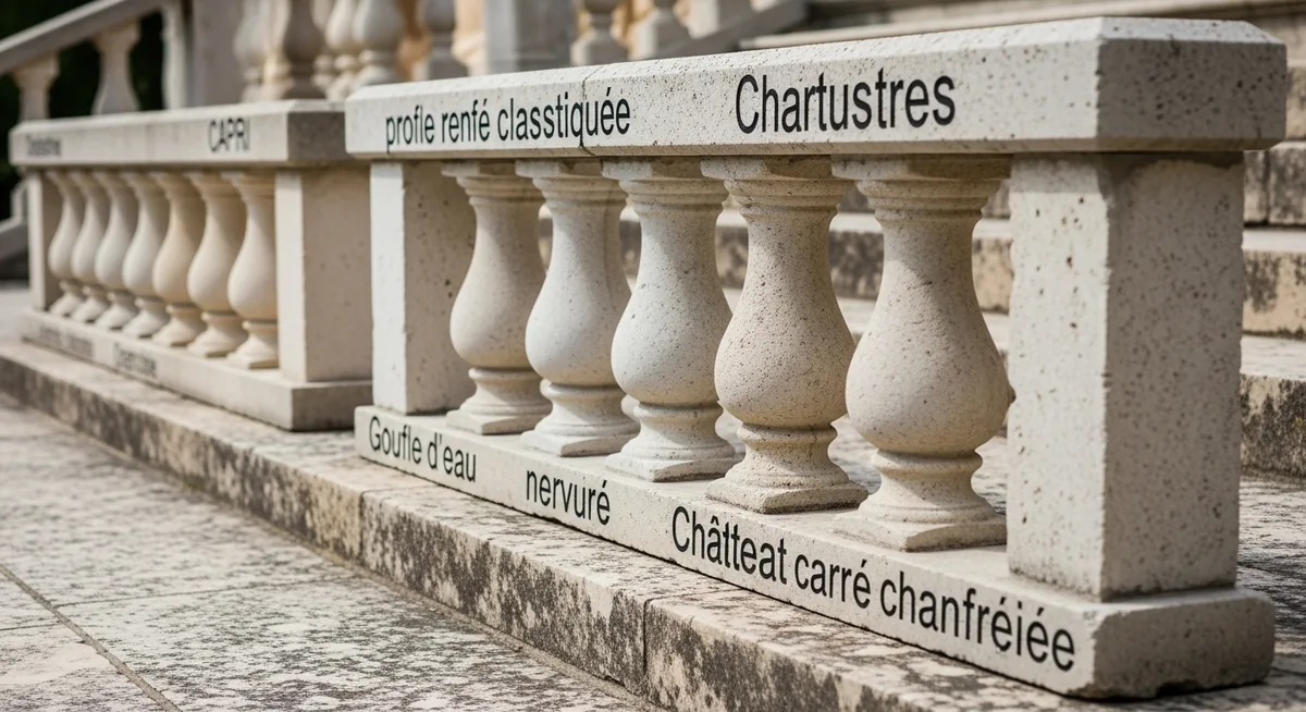 Quatre modèles de balustres en pierre reconstituée alignés sur terrasse