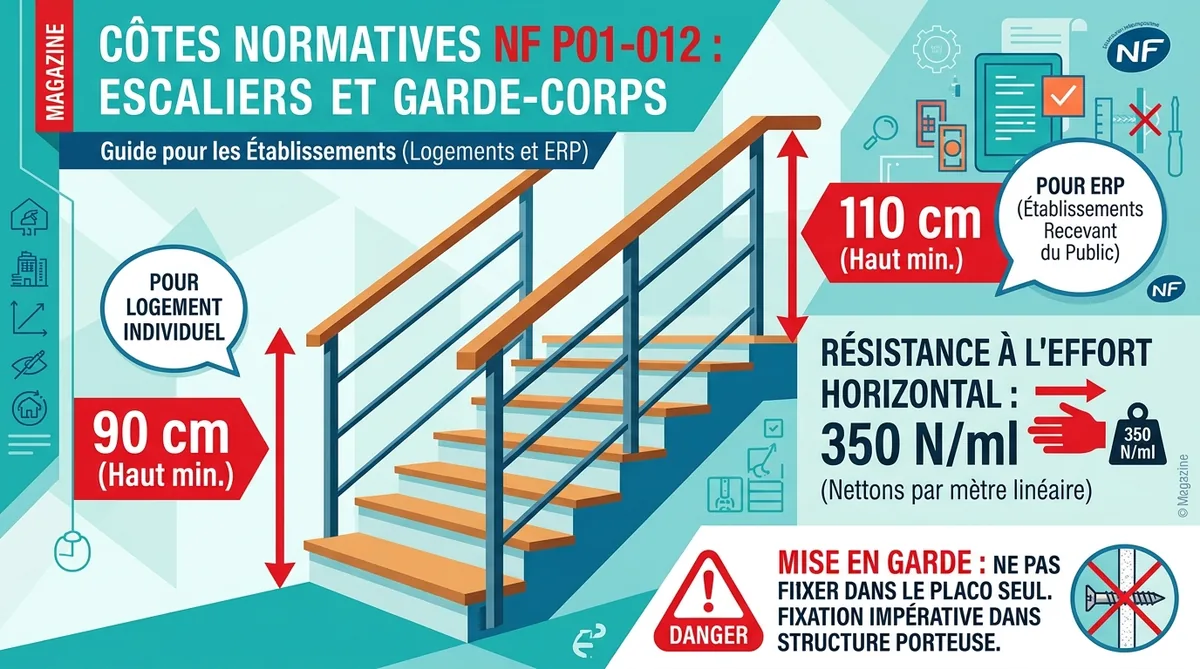 Norme NF P01-012 hauteur garde corps escalier 90cm 110cm