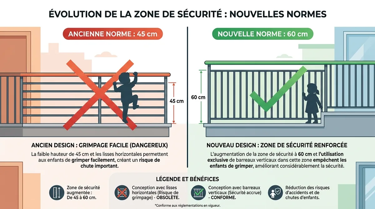 Évolution norme NF P01-012 zone sécurité 45cm vers 60cm garde-corps