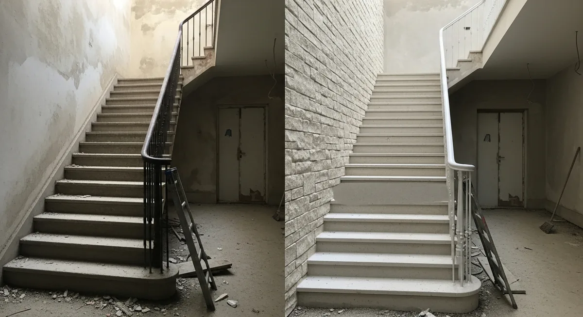 Avant après rénovation escalier bois en pierre naturelle habillage
