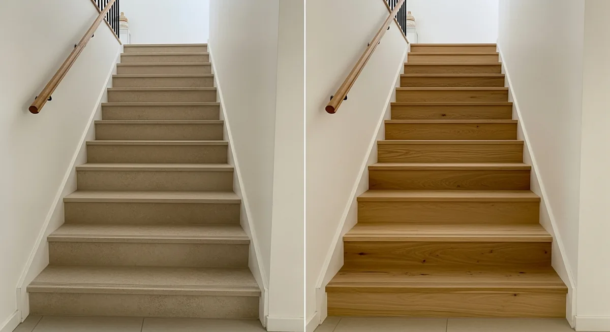 Escalier carrelé vieilli transformé avec recouvrement bois chêne avant après