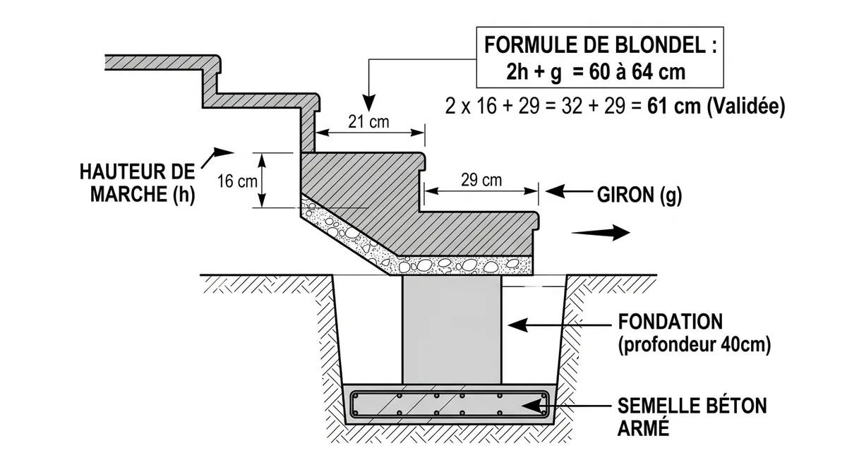 Schéma calcul escalier parpaing formule Blondel et fondations