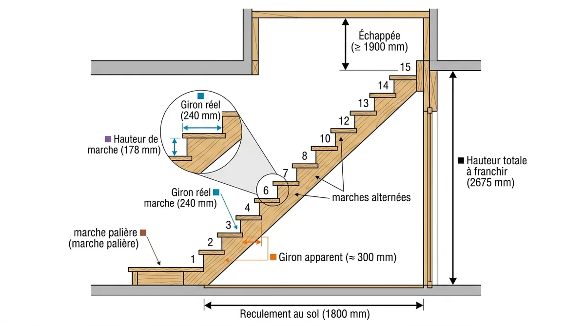 Schéma calcul escalier japonais annoté avec hauteur marche giron et échappée sur exemple réel
