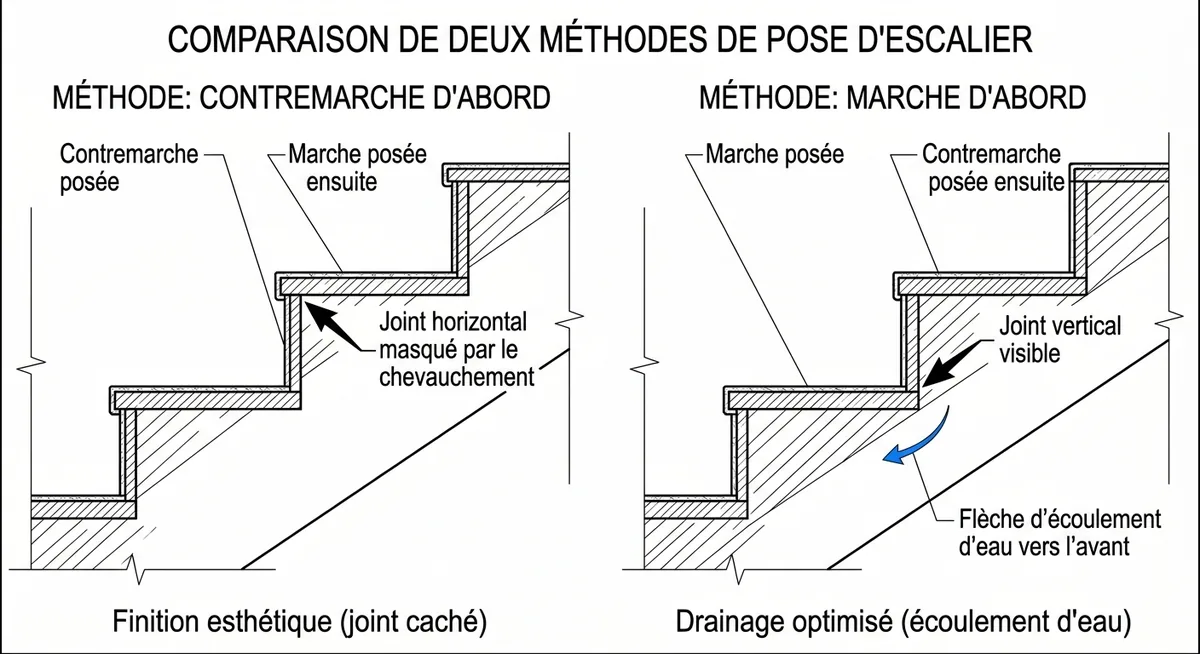 Schéma comparaison pose contremarche ou marche d'abord sur escalier carrelé