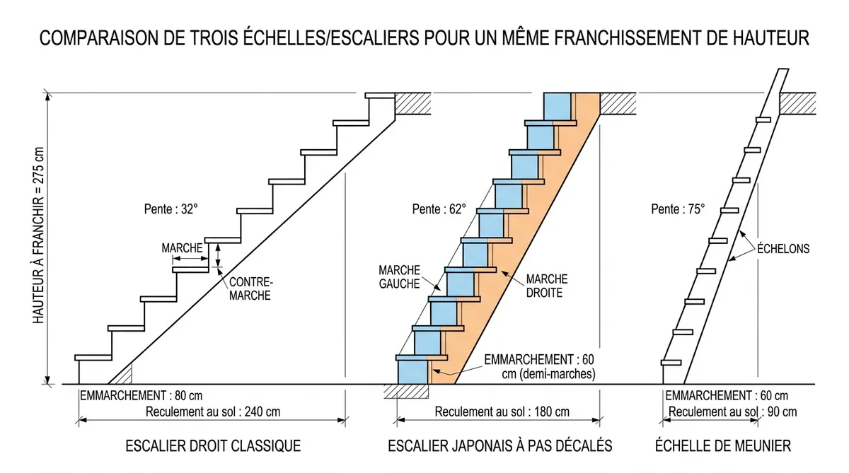 Schéma comparatif escalier droit, escalier japonais pas décalés et échelle de meunier en élévation