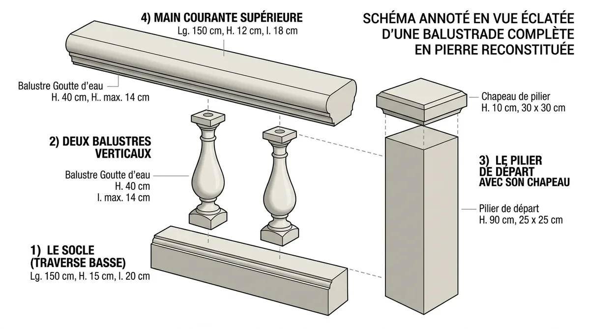 Schéma annoté des composants d'une balustrade en pierre reconstituée