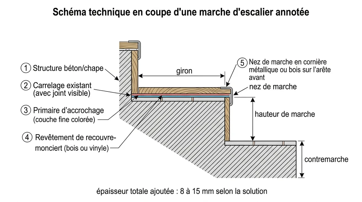 Schéma coupe marche escalier carrelé avec couches de recouvrement et nez de marche