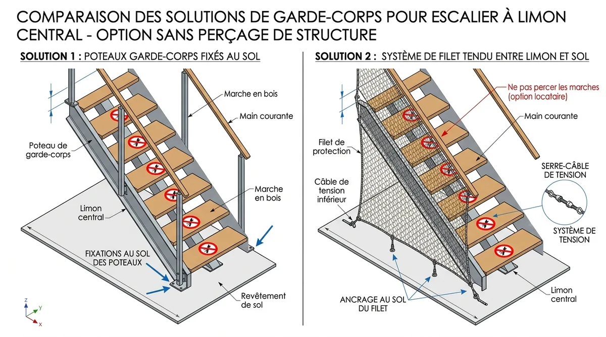 Schéma fixation garde-corps escalier sans mur ni rampe poteaux autoportants