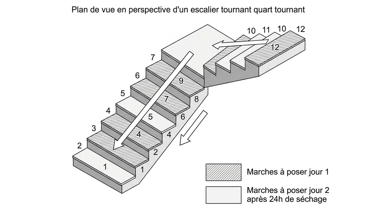 Plan pose carrelage escalier tournant technique une marche sur deux
