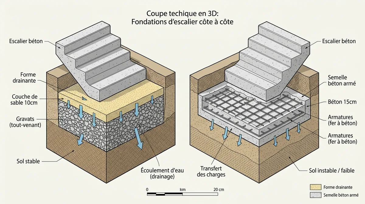 Schéma coupe fondation forme drainante vs semelle beton escalier pierre