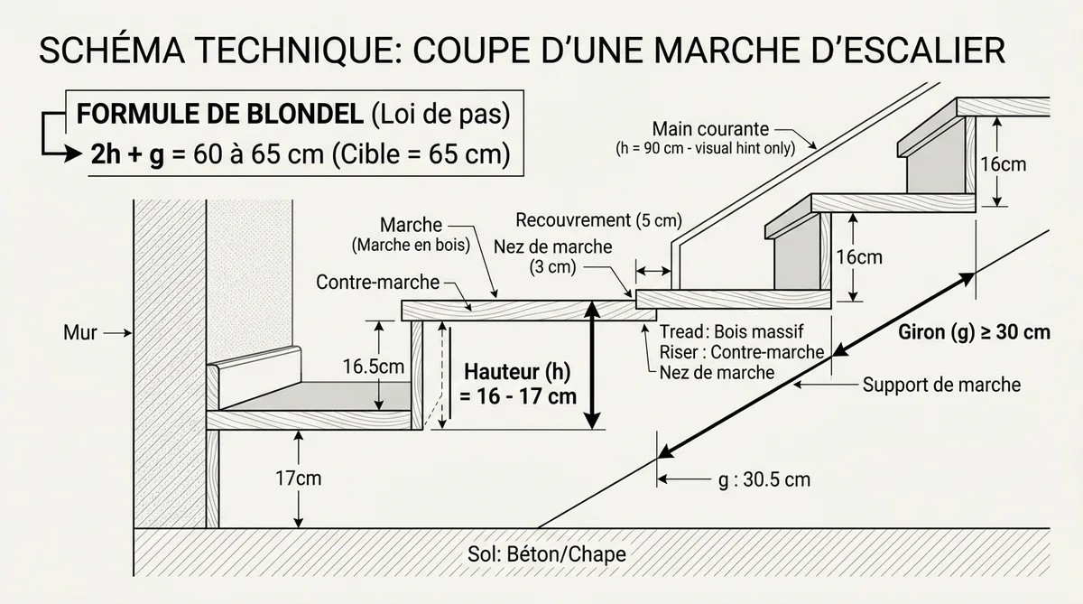 Schéma formule Blondel dimensions escalier pierre hauteur giron