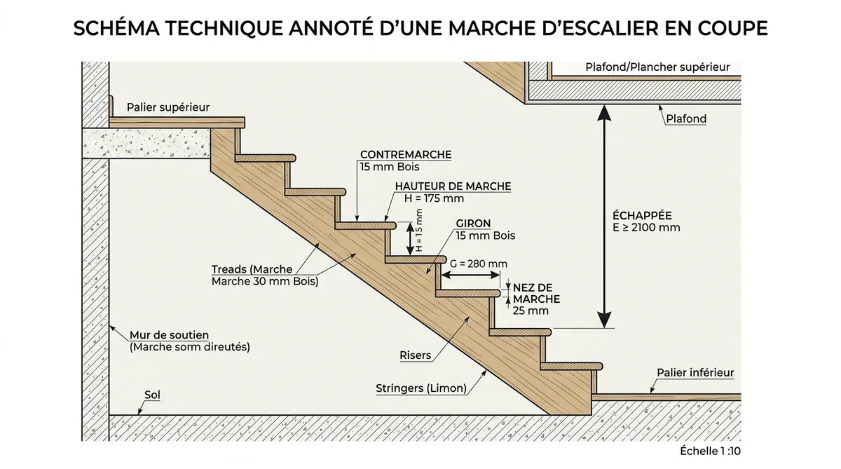 Schéma escalier hauteur marche giron contremarche