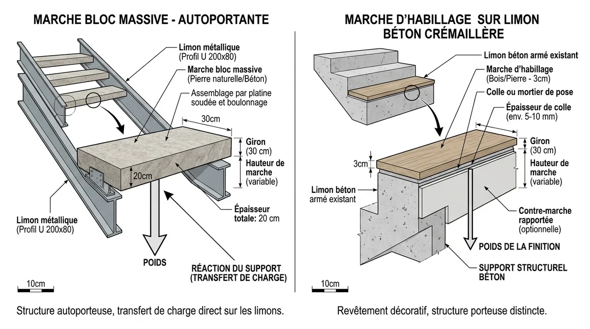 Schéma comparatif marche bloc massive vs habillage escalier pierre