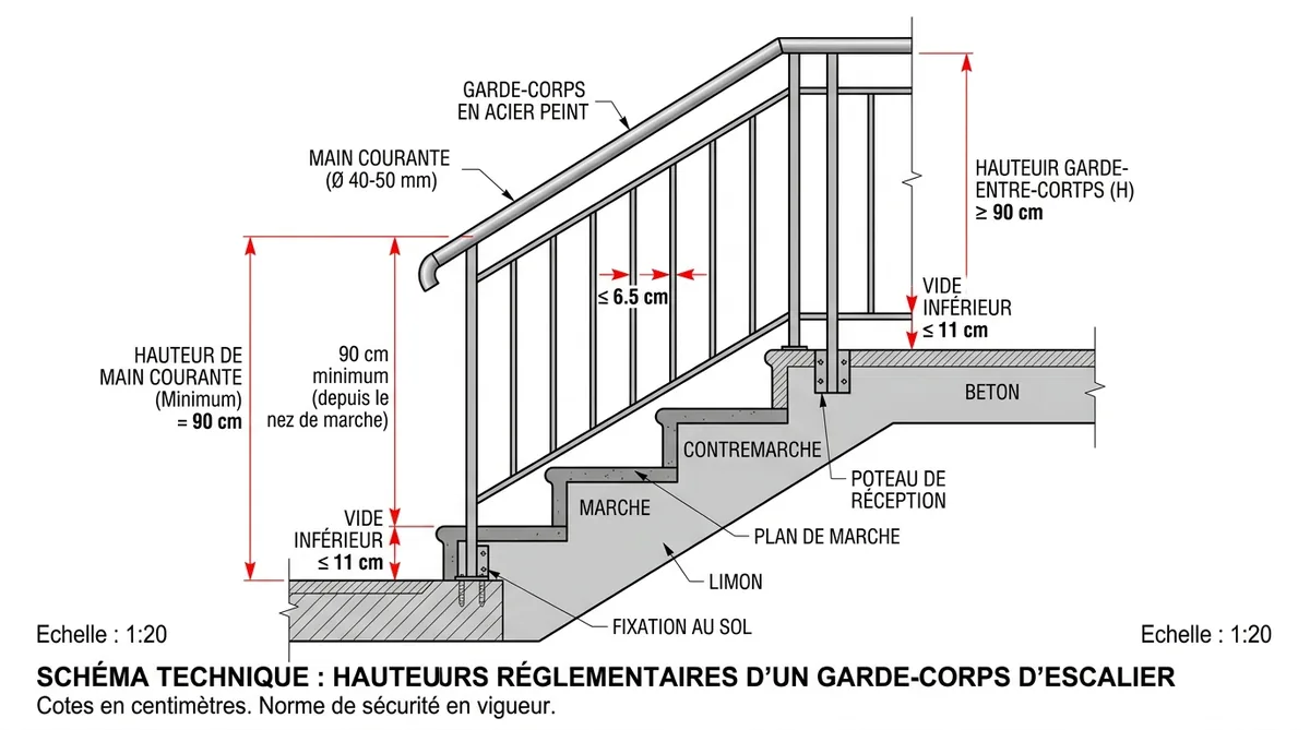 Schéma normes hauteur garde-corps escalier 90cm espacement barreaux 6,5cm