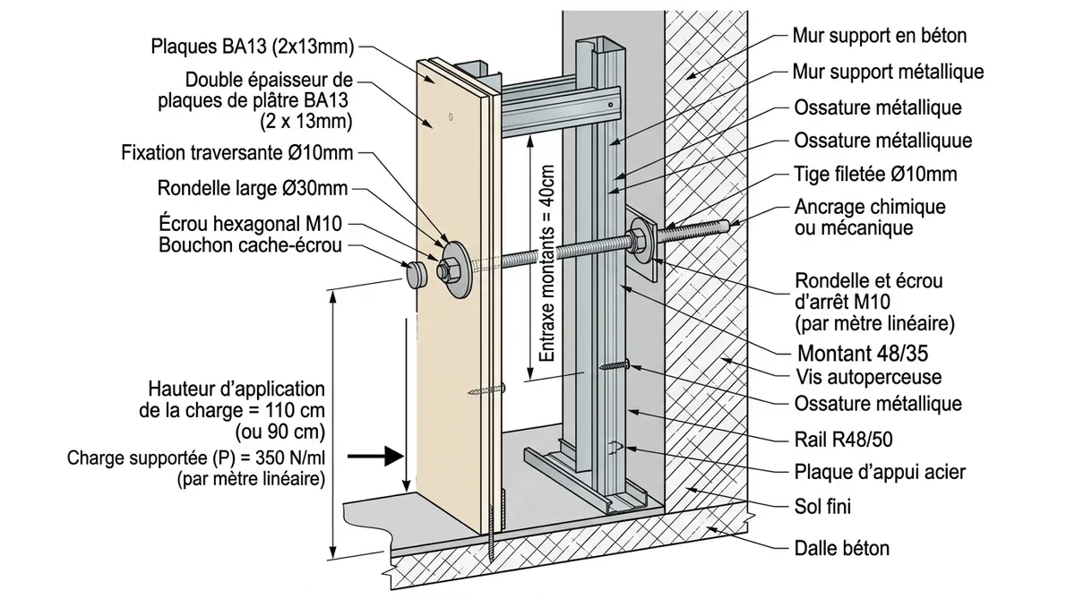 Schéma technique ossature métallique rampe placo avec fixation traversante