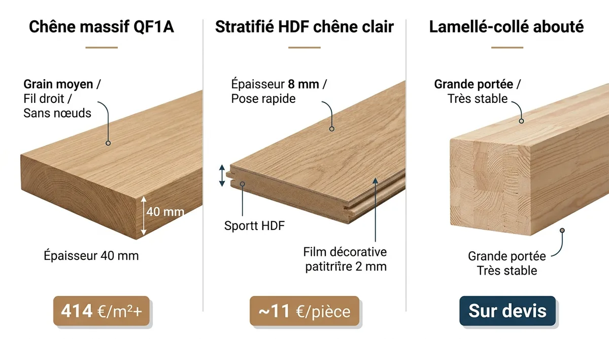 Comparatif visuel chêne massif stratifié HDF et lamellé-collé pour escalier