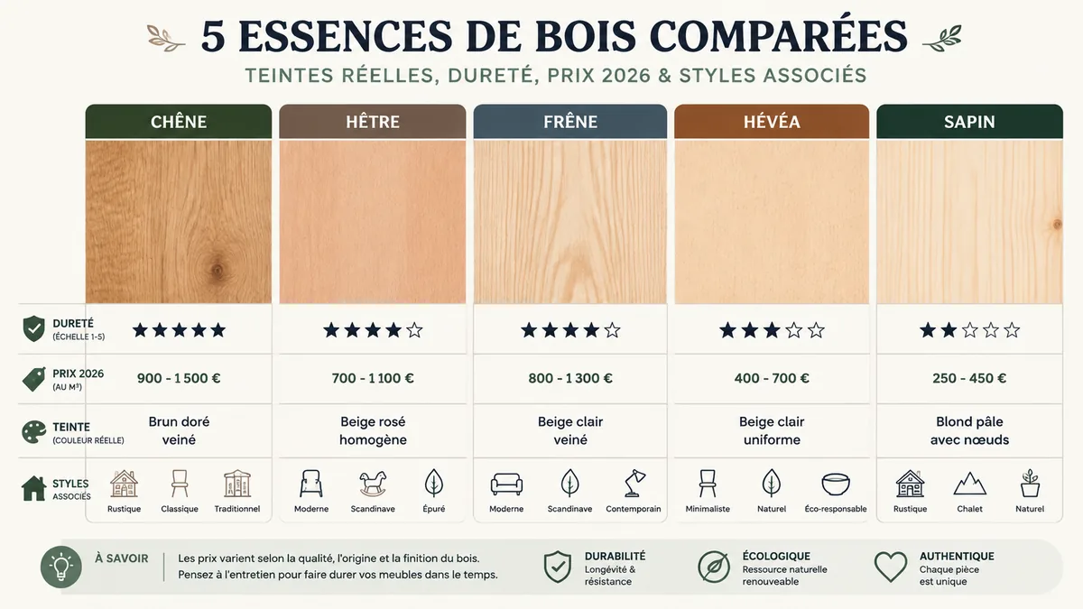 Comparatif visuel des essences de bois pour marches d'escalier avec prix et dureté