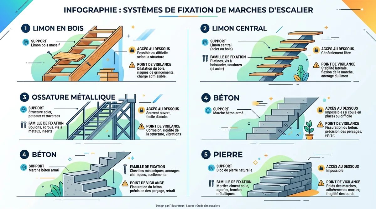 Comparatif des fixations invisibles selon le support d'escalier