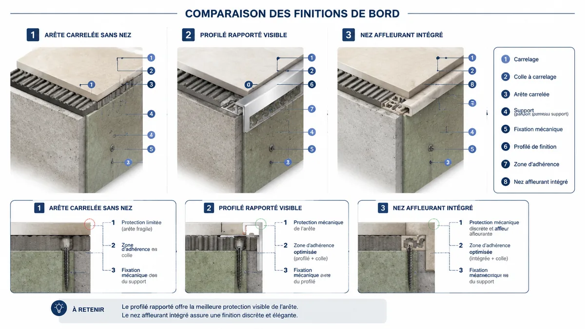 Comparatif des finitions de nez de marche carrelé
