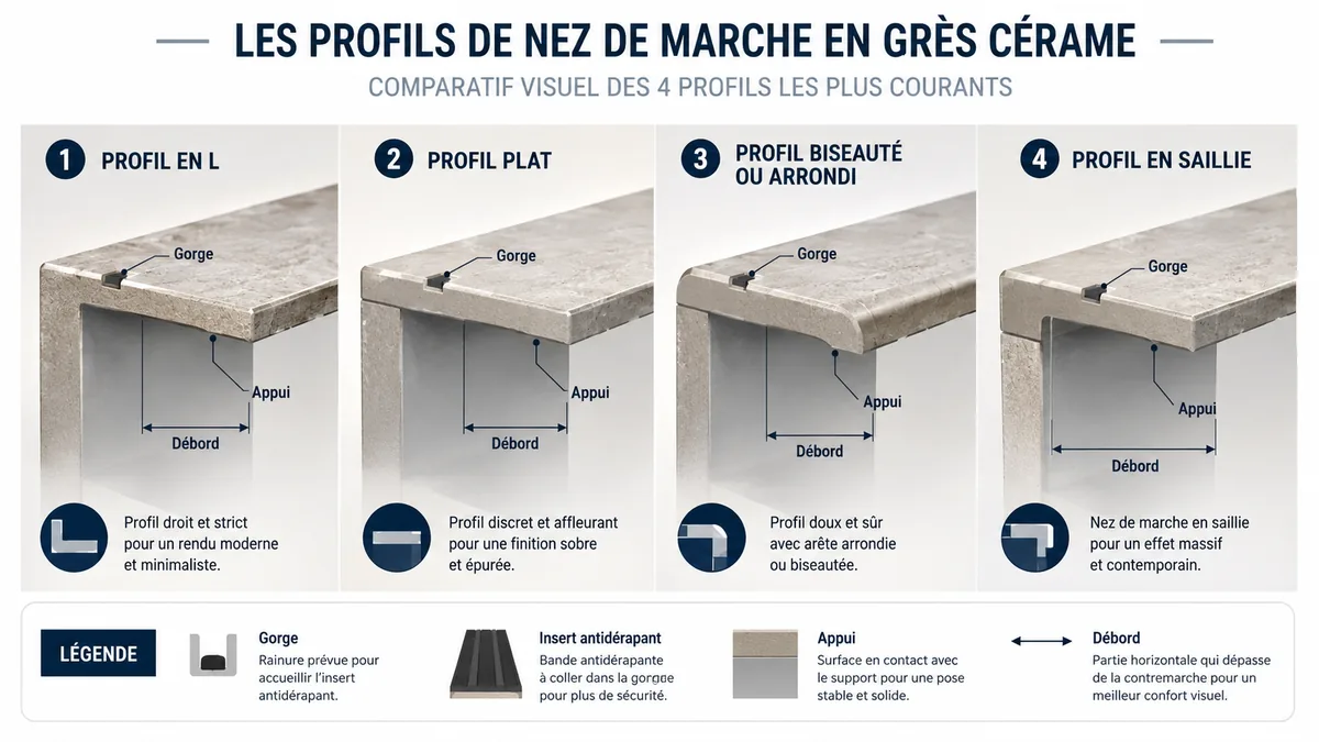 Comparatif des profils de nez de marche pour grès cérame