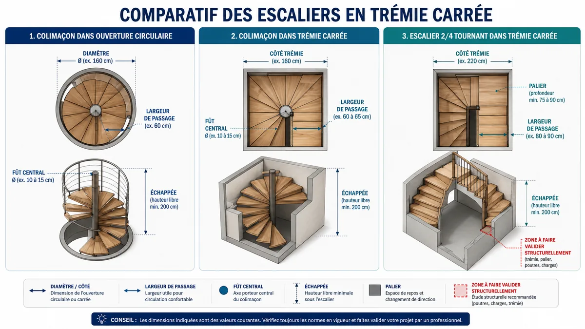 Comparatif visuel des trémies colimaçon et deux-quarts tournants