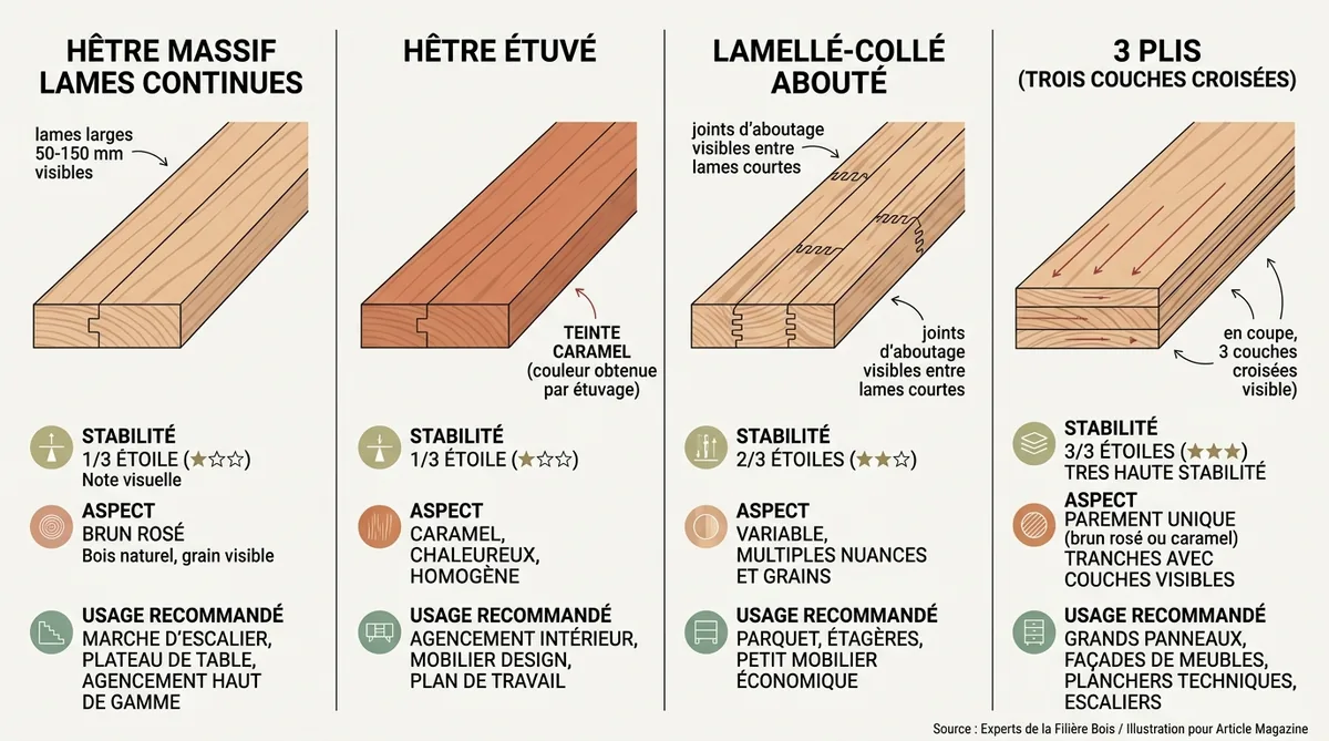 Comparatif coupe hêtre massif, étuvé, lamellé-collé abouté et 3 plis pour escalier