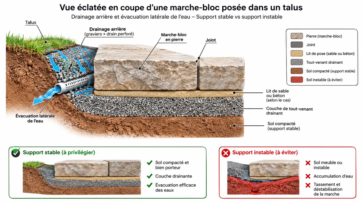 Coupe technique d'une marche-bloc drainée dans un talus