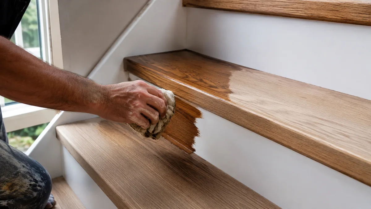 Application huile de protection sur marche d'escalier en chêne massif