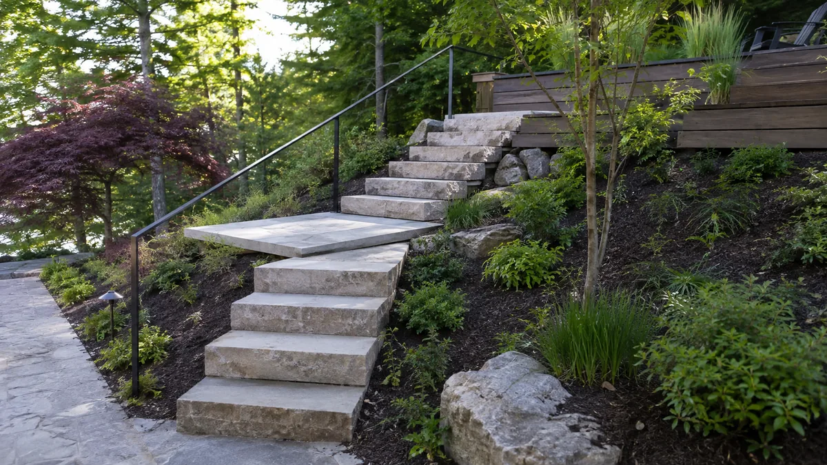 Escalier de jardin en pierre reliant terrasse et allée