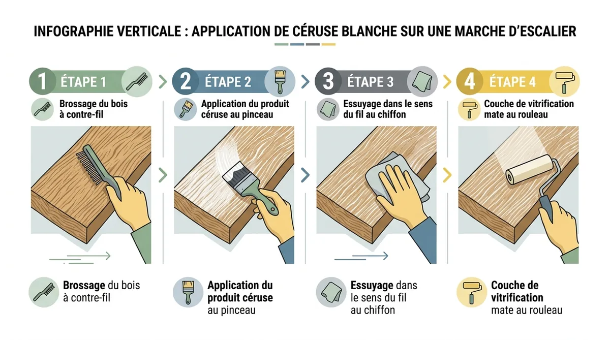Infographie 4 étapes application céruse blanche sur marche escalier bois
