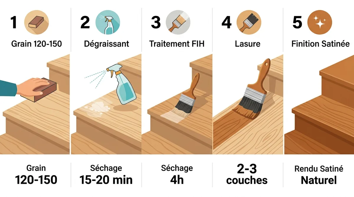 5 étapes pour lasurer un escalier en bois brut, de la préparation à la finition