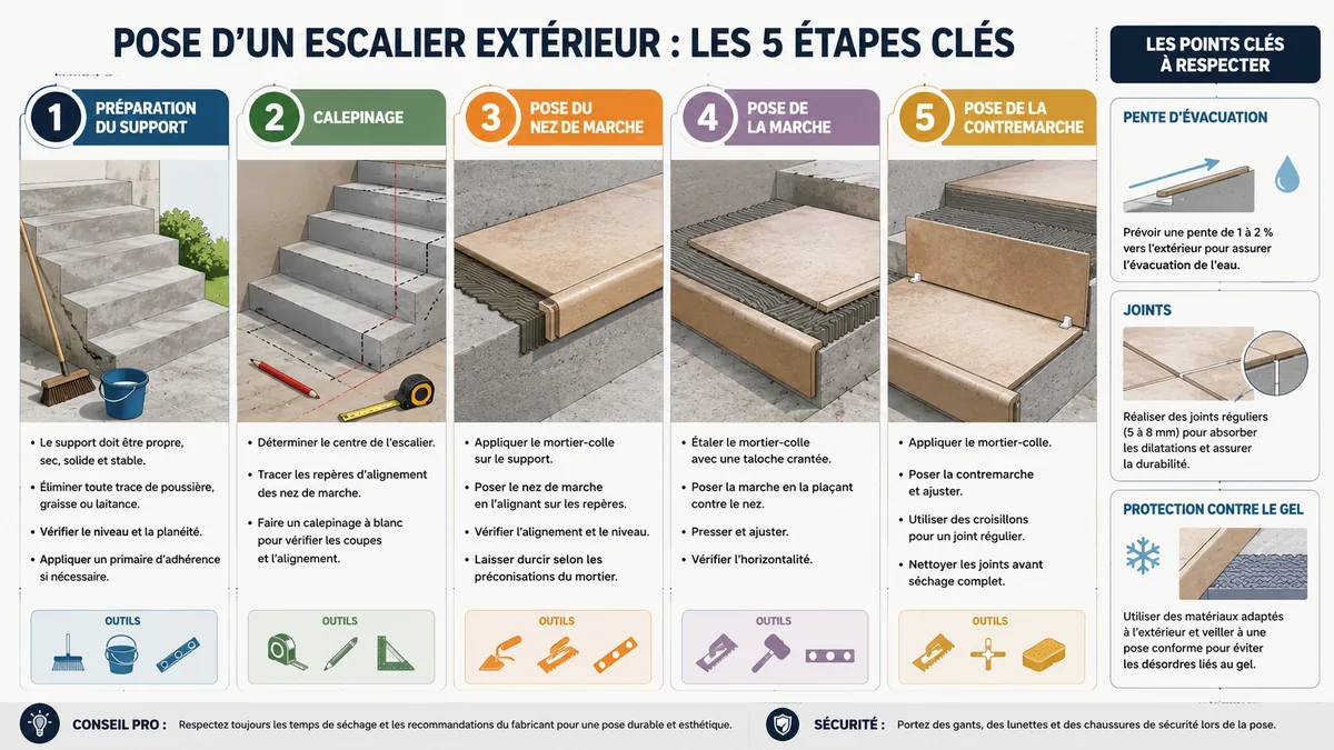 Étapes de pose du carrelage sur un escalier