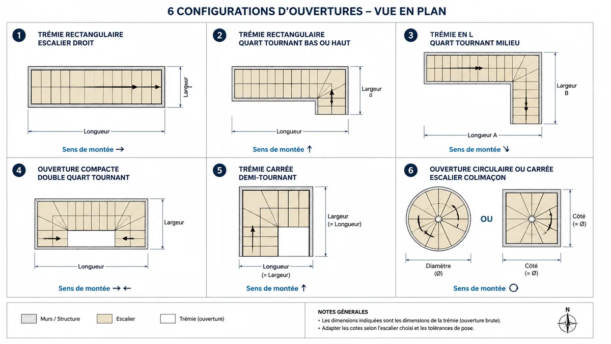 Schéma comparatif des formes de trémies selon l'escalier
