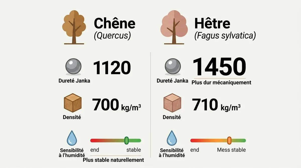 Infographie comparaison dureté Janka chêne 1120 lbf et hêtre 1450 lbf marches escalier