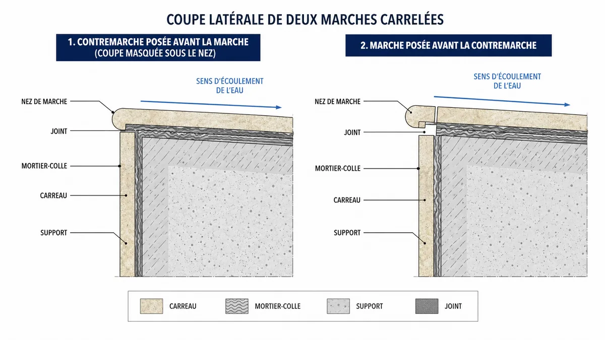 Schéma ordre de pose marche contremarche et nez de marche