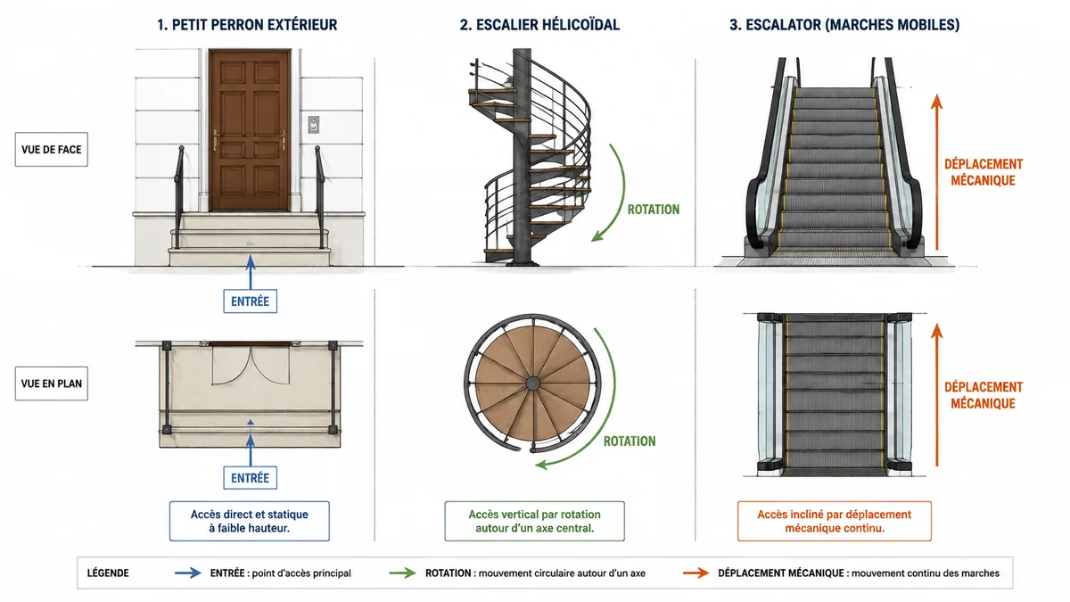 Comparaison visuelle du perron, colimaçon et escalator