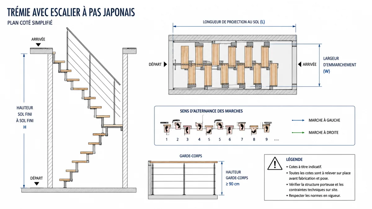 Plan coté d'une trémie pour escalier à pas japonais