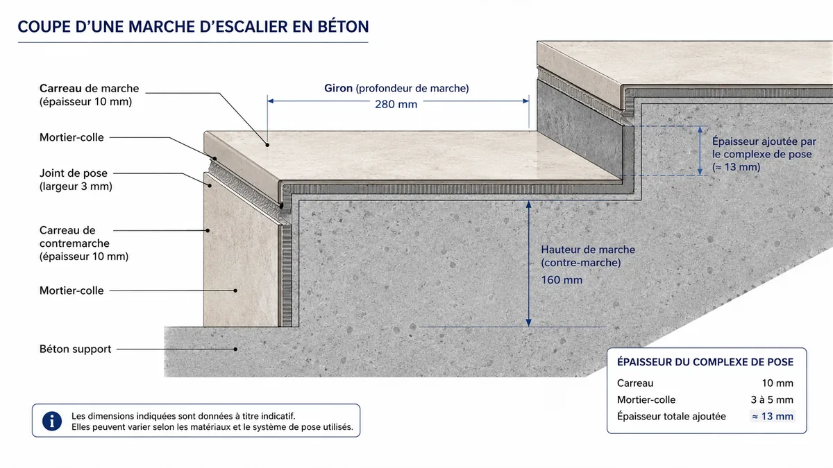 Schéma annoté d'une marche d'escalier carrelée