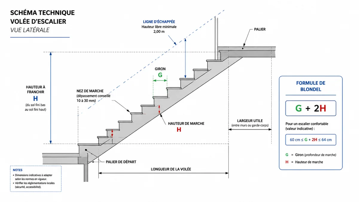 Schéma annoté des dimensions d'un escalier professionnel