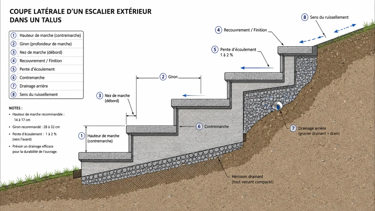Schéma annoté des dimensions d'une marche extérieure