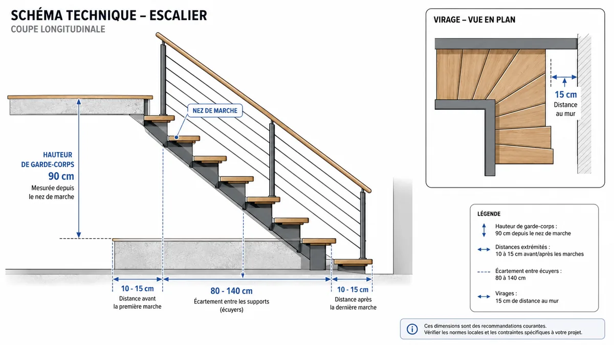 Schéma dimensions pose main courante escalier 90 cm hauteur