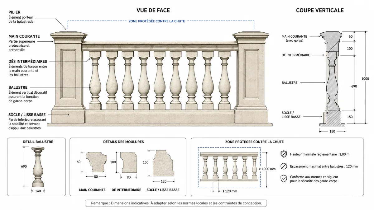 Schéma annoté des éléments d'une balustrade en pierre