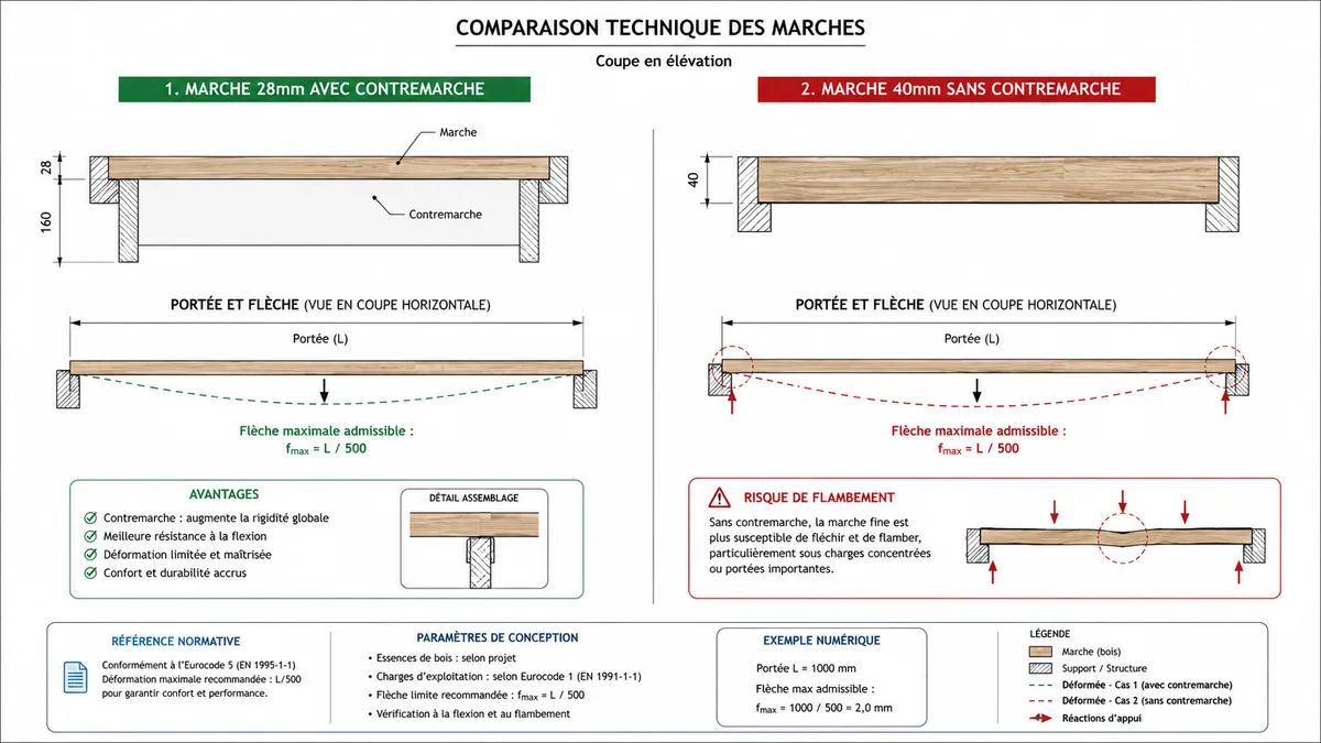 Schéma technique épaisseur marche escalier bois avec et sans contremarche